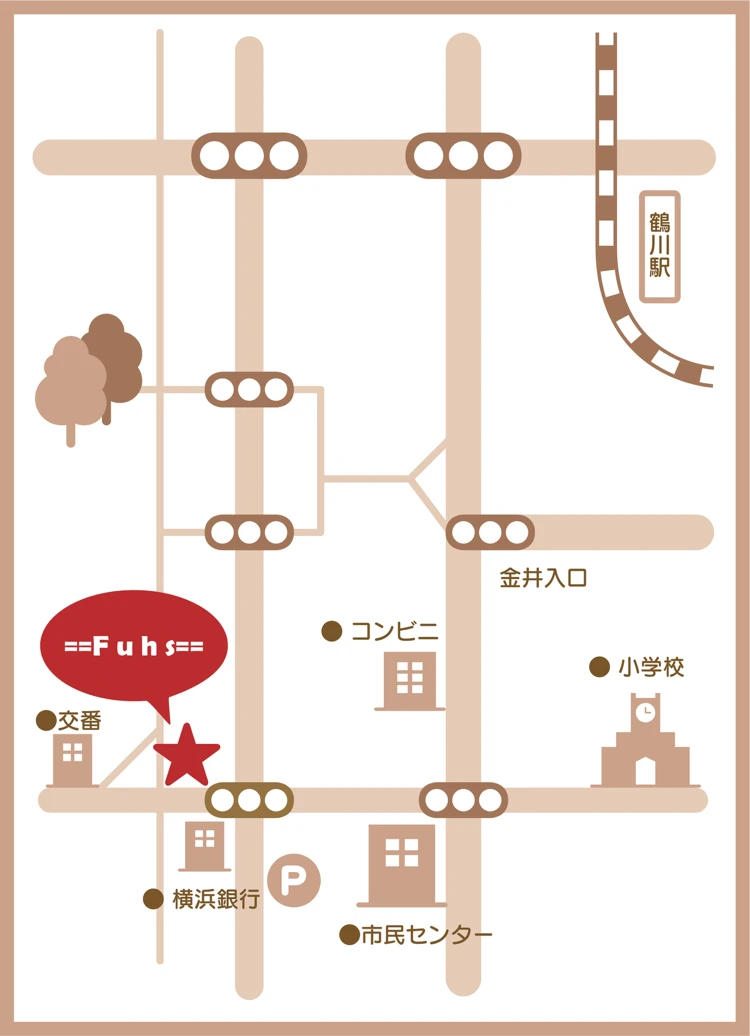 鶴川駅から==Fuhs==までの案内図。横浜銀行の前
