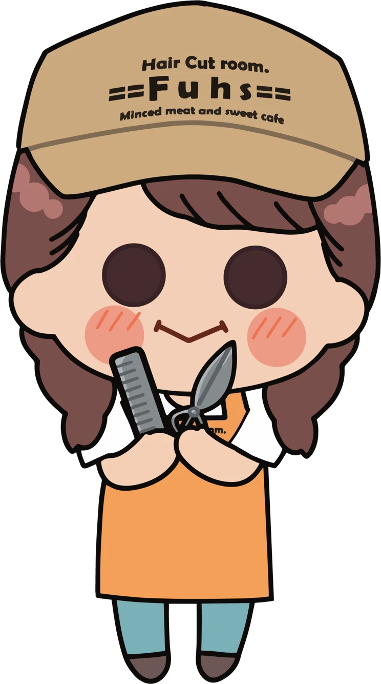 ハサミとコームを持った、==Fuhs==の美容師キャラクター