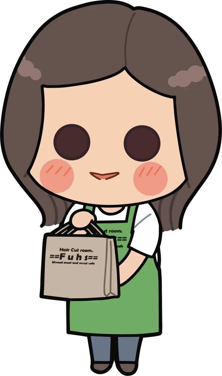 紙袋を持つ、==Fuhs==のカフェキャラクター